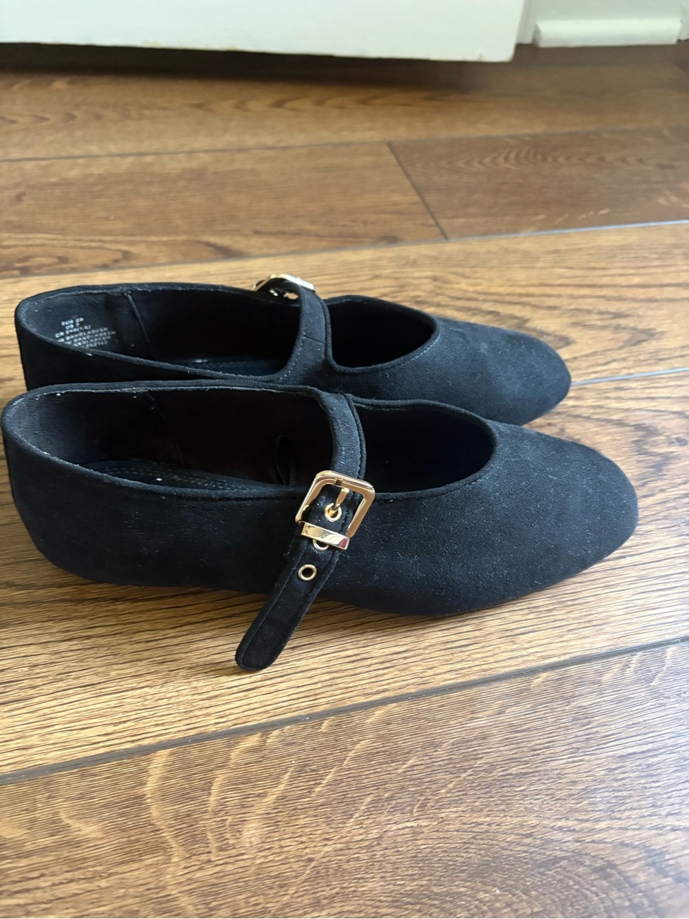 H&M Black Suede Mary Jane Flats with Gold Buckle